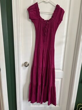 Newport News Deep Magenta Tiered Maxi Dress with Smocked Bodice